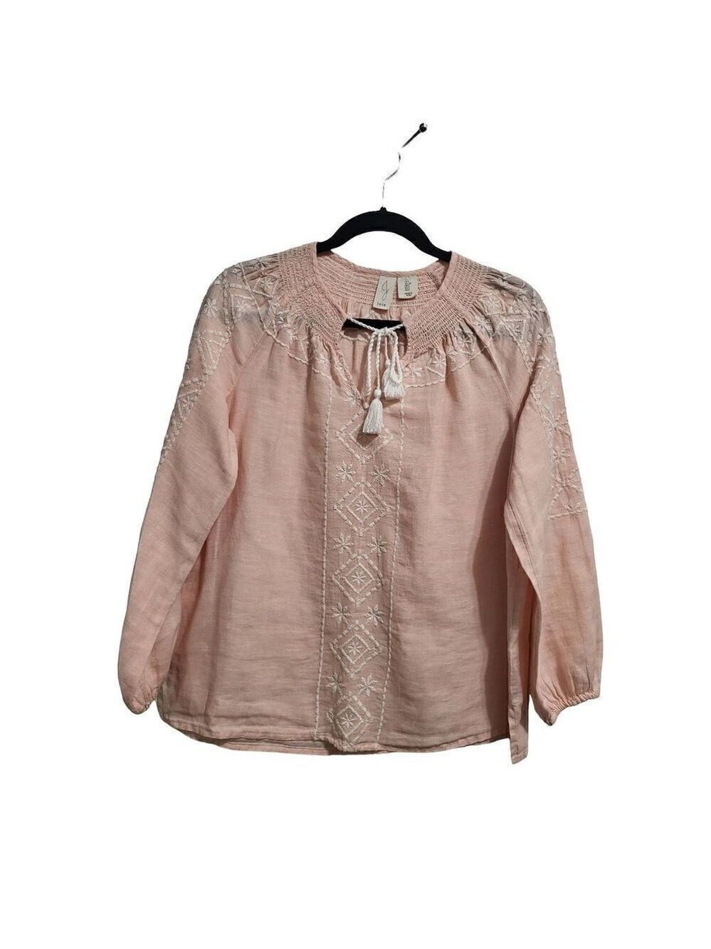 Joie linen embroidery with tassel tie with long puff sleeves